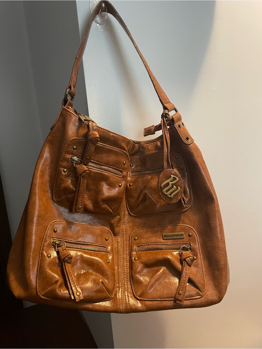 Rocawear Cognac Brown Leather (Vegan) Shoulder Bag with Brass Accents
